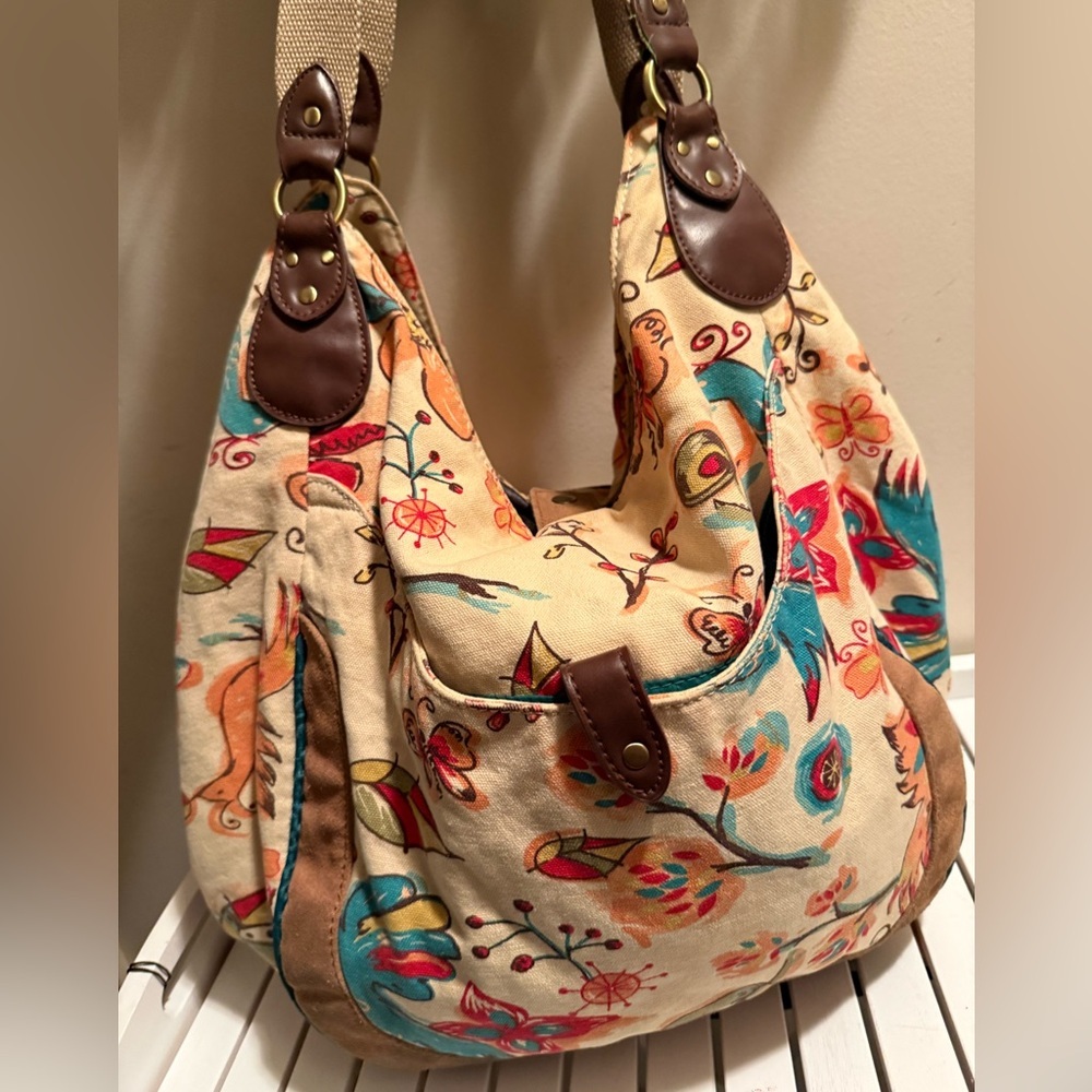 Lucky Brand Large Canvas Floral Bird Butterfly Hobo Bag - Picture 2 of 12